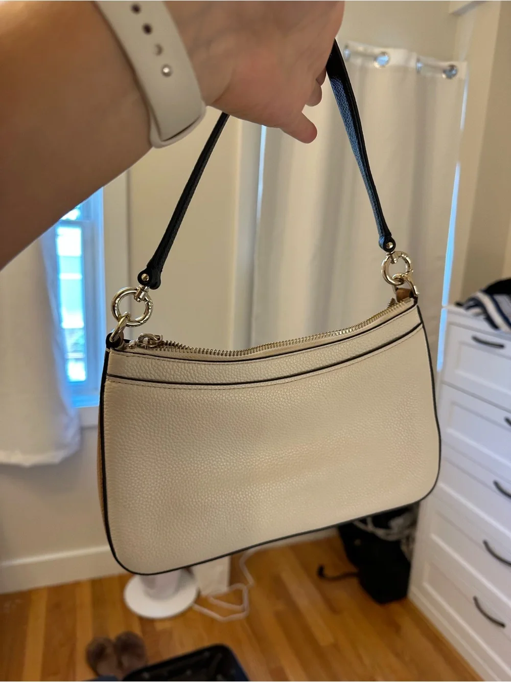 kate spade Cream Pebbled Leather Shoulder Bag with Black Strap and Gold Hardware